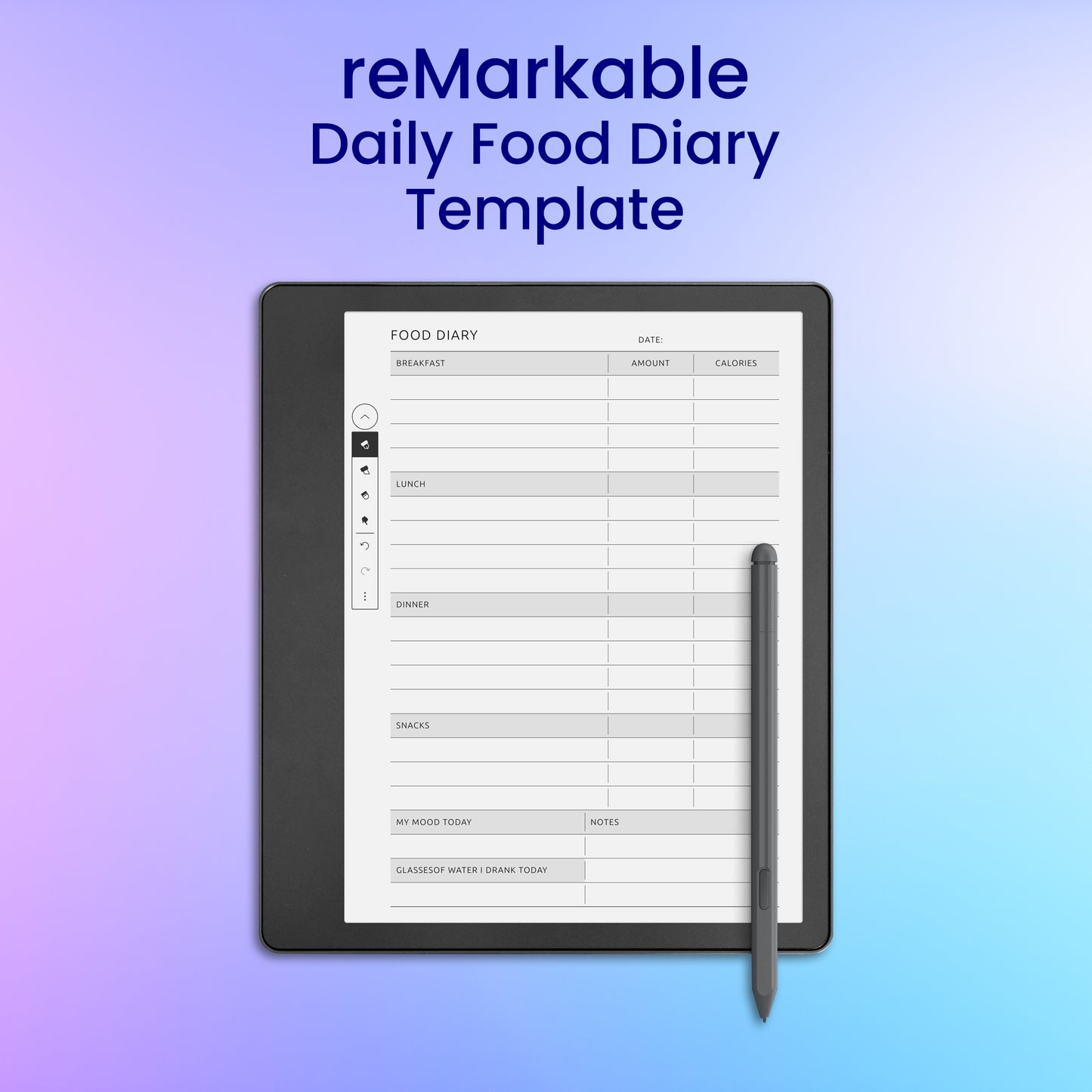 reMarkable 2 Daily Food Diary Template Planner Template