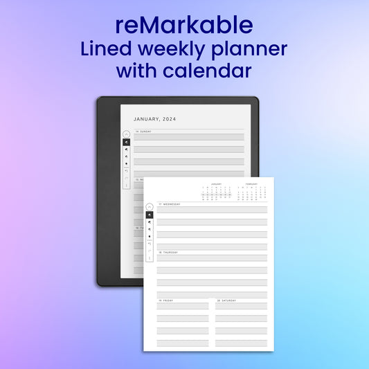 reMarkable 2 Lined Weekly Planner with Calendar Planner Template