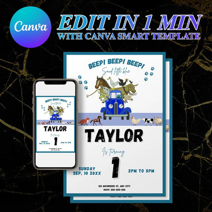 Little Blue Truck Farm Barnyard Animals Birthday Invitation Template CreativeRino