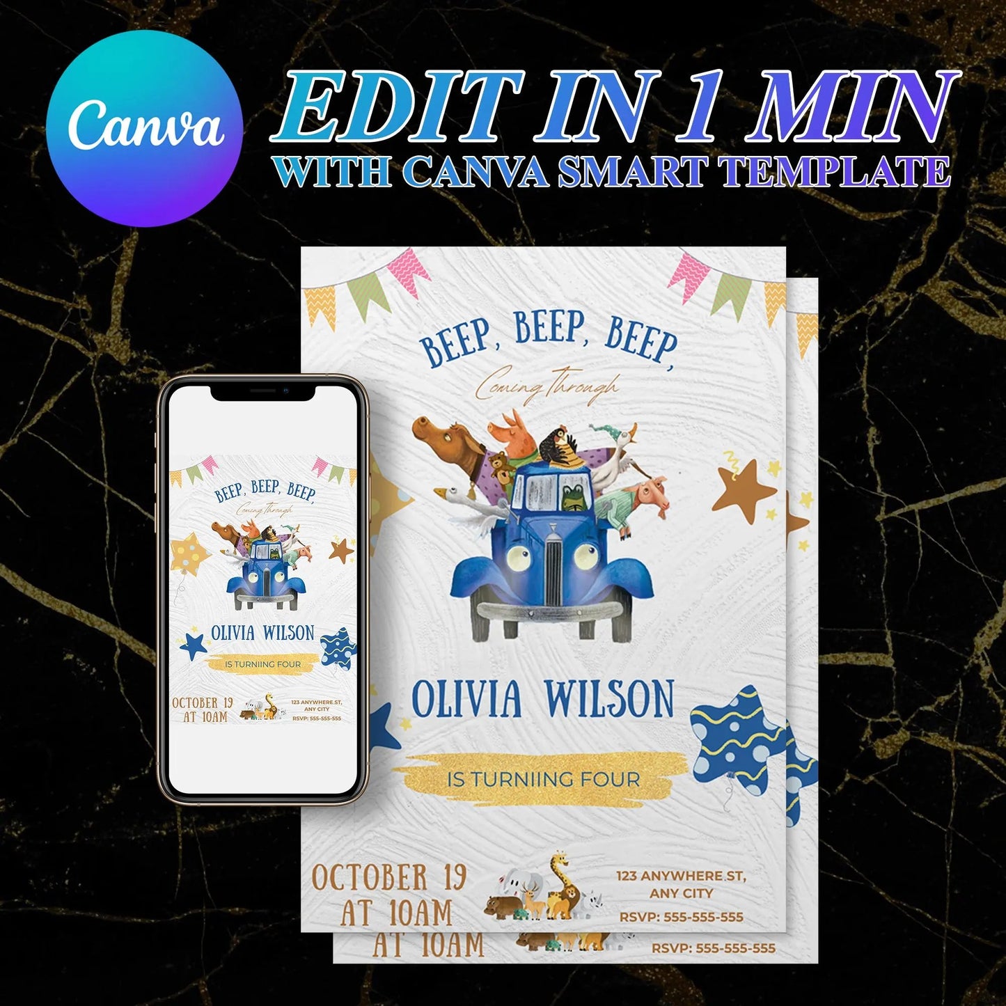 Little Blue Truck Farm Barnyard Animals Birthday Invitation Template CreativeRino