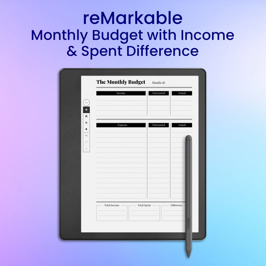 reMarkable 2 Monthly Budget with Income and Spent Difference Planner Template