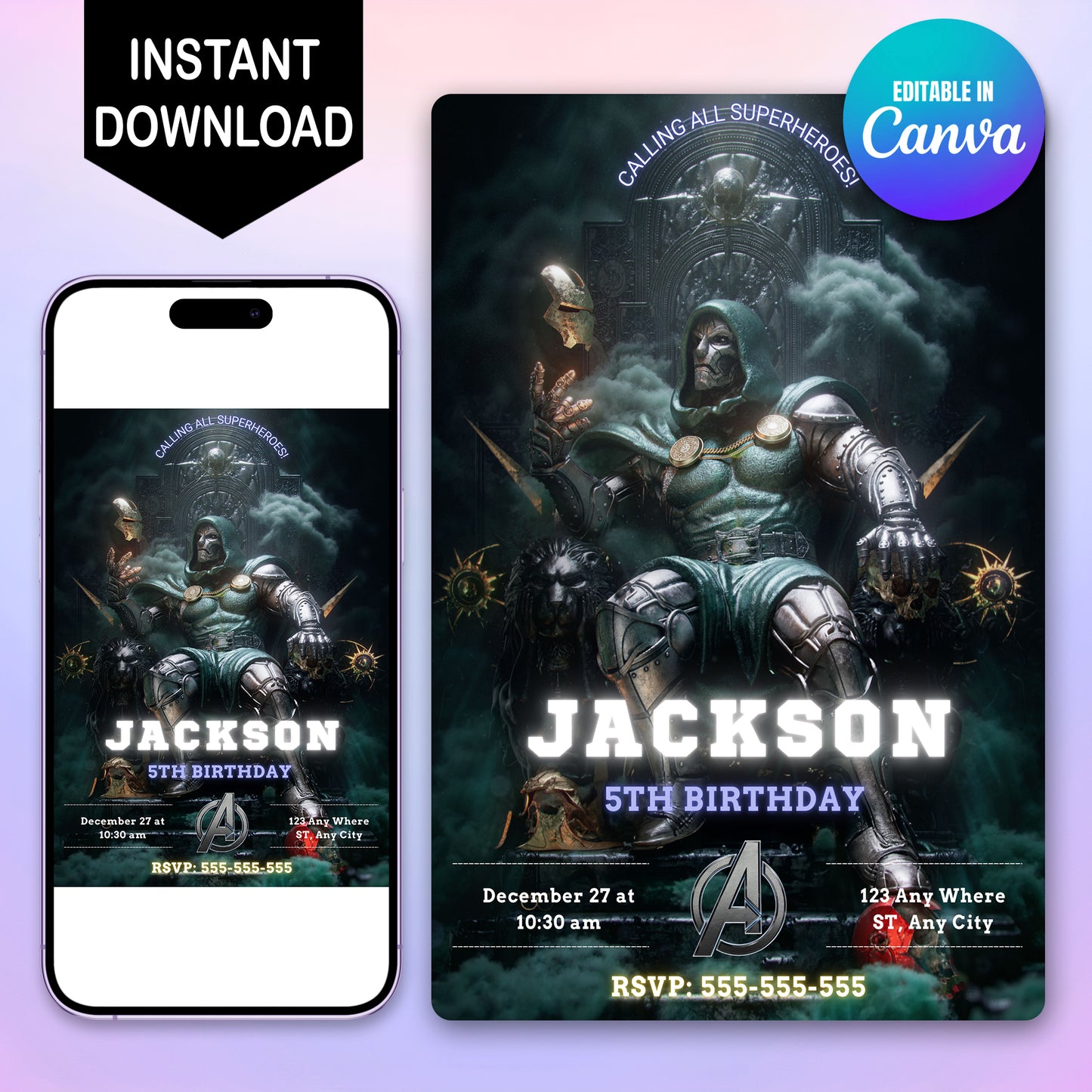 Avengers Doomsday Birthday Invitation Template | Dr Doom Invite - CreativeRino