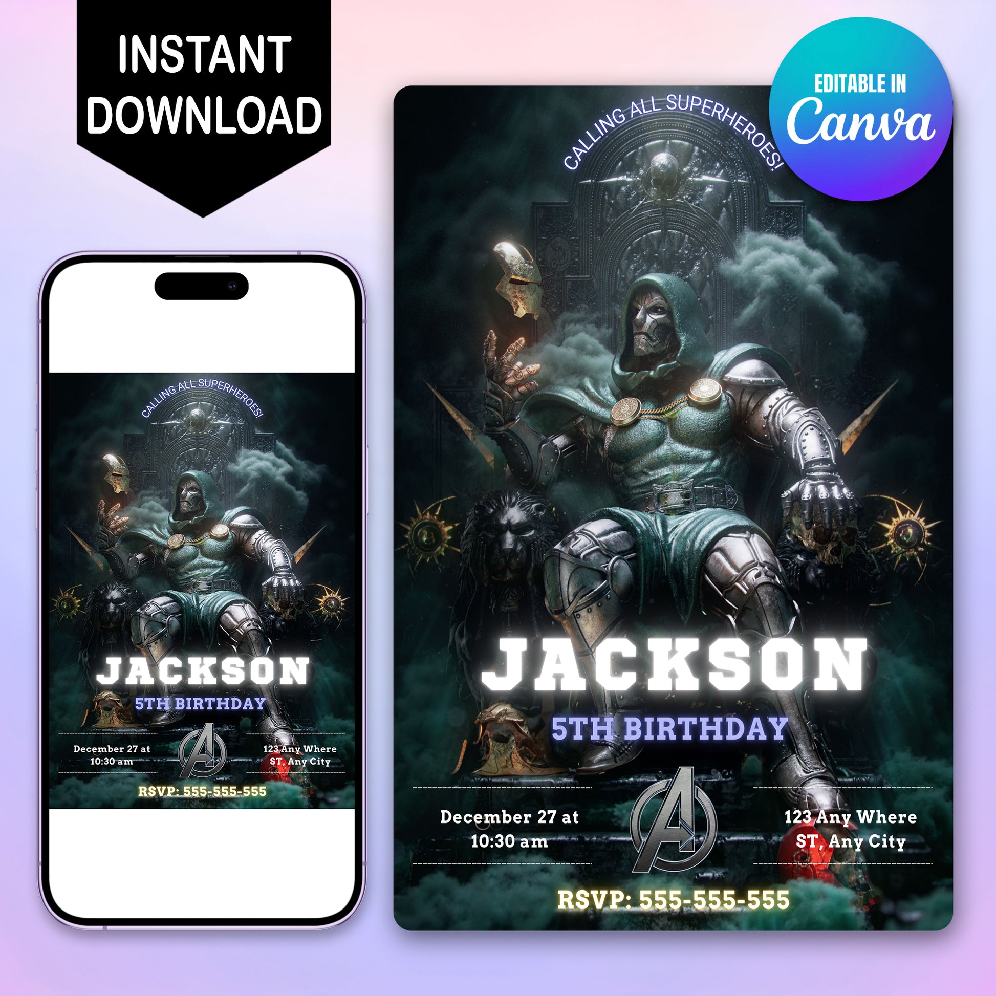 Avengers Doomsday Birthday Invitation Template | Dr Doom Invite - CreativeRino