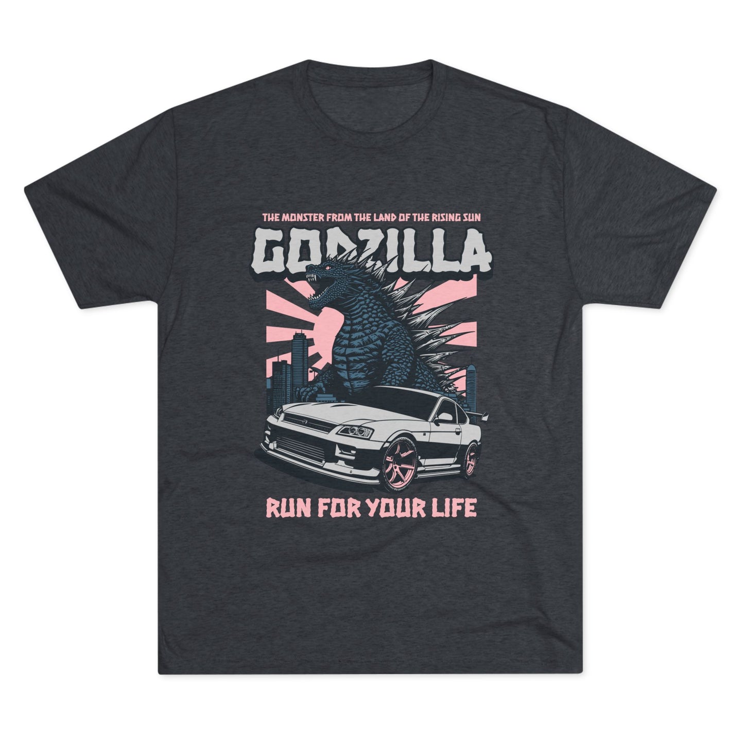 Godzilla Monster Unisex Tri-Blend Crew Tee - Run for Your Life Car T-shirt - CreativeRino