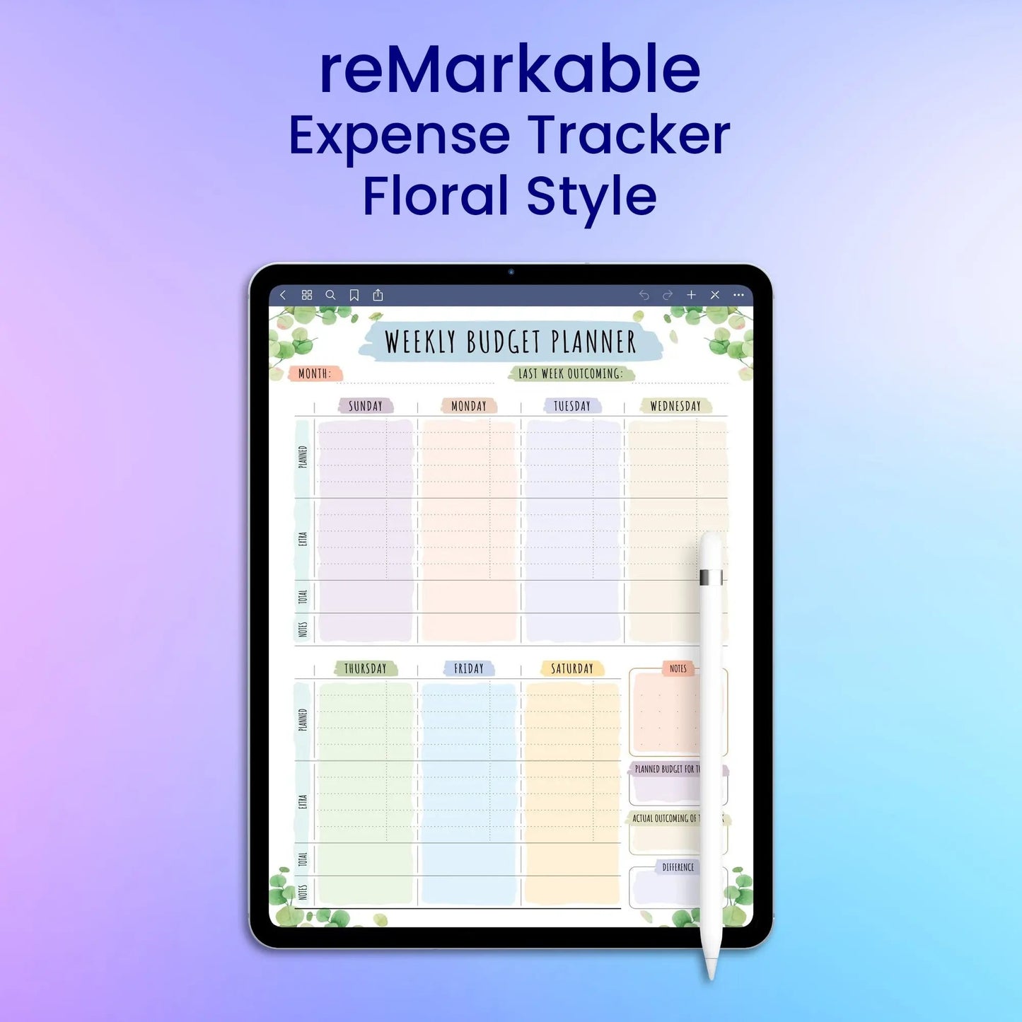 reMarkable 2 Expense Tracker - Floral Style Planner Template My Store
