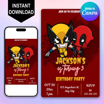 Deadpool & Wolverine Birthday Invitation Template - CreativeRino
