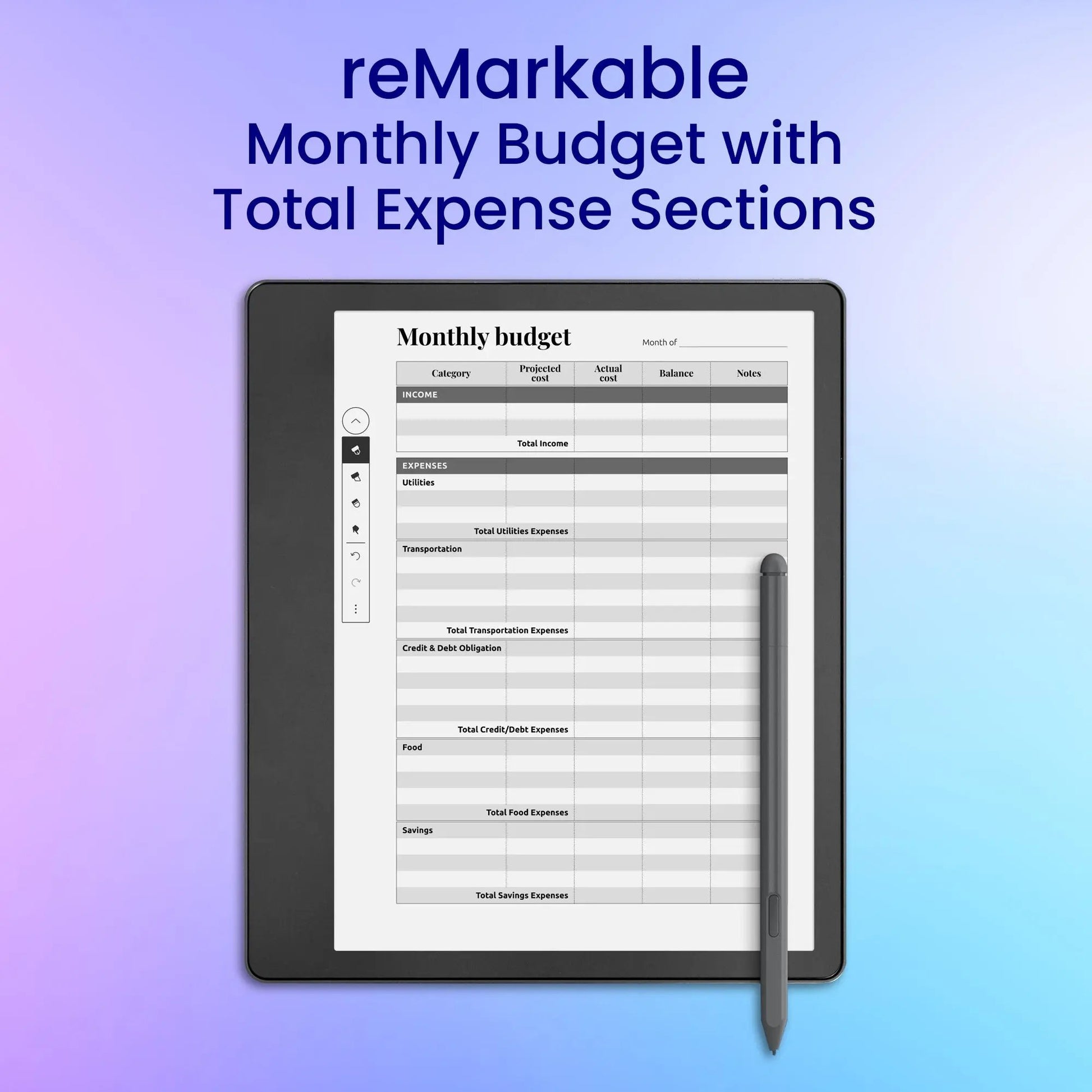 reMarkable 2 Monthly Budget with Total Expense Sections Planner Template My Store