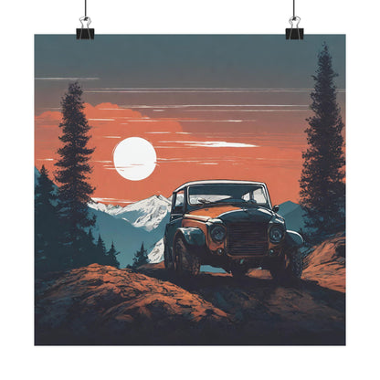 Vintage Adventure Matte Vertical Poster - Retro Jeep and Mountain Sunset Wall Art - CreativeRino