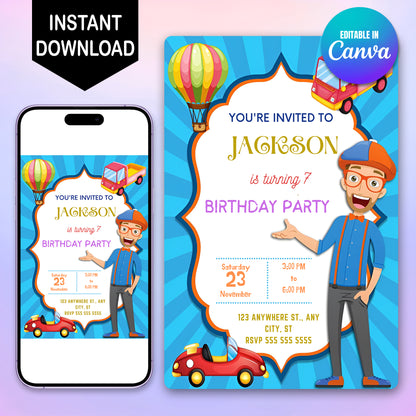 Blippi  Birthday Invitation Template - CreativeRino