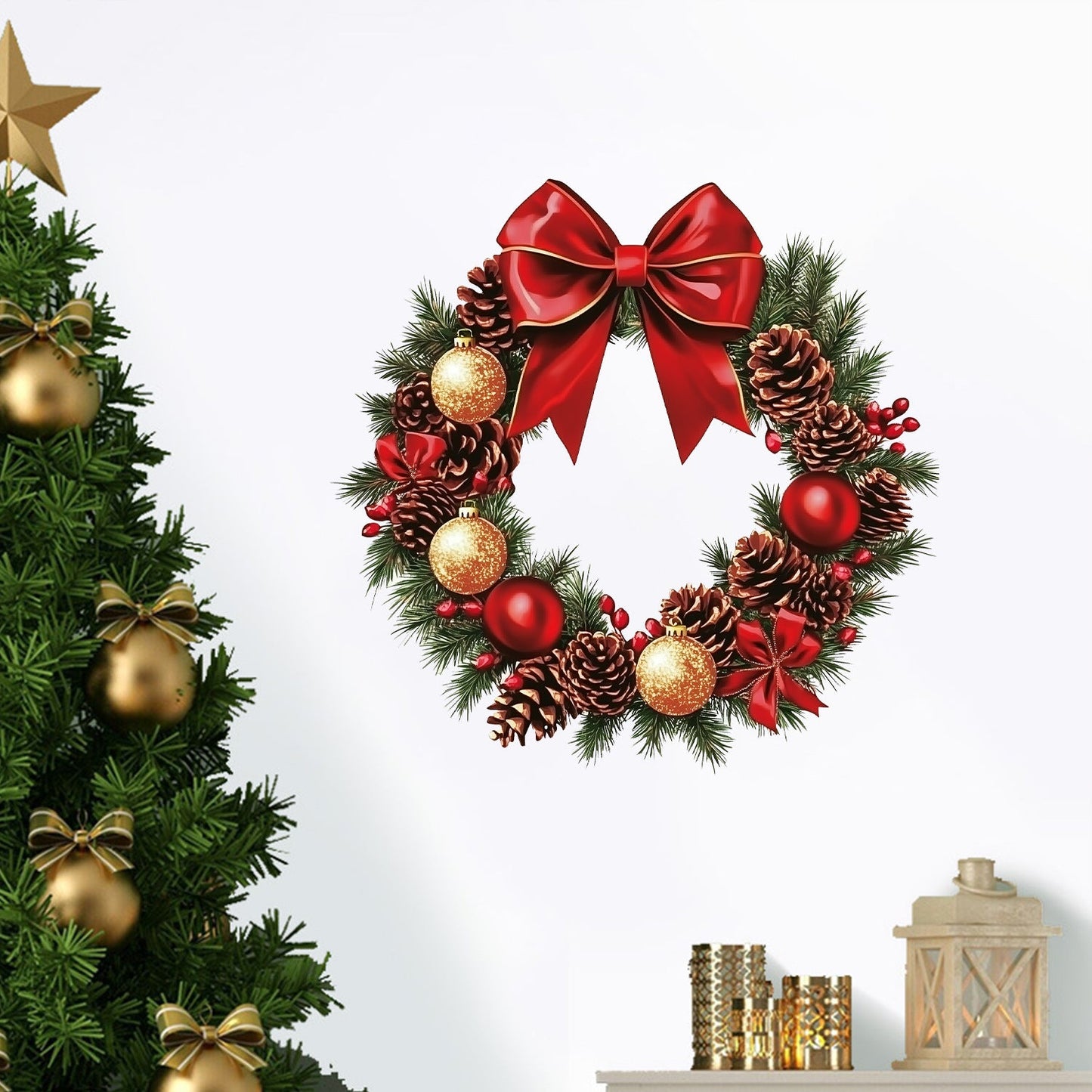 Removable Christmas Wall Stickers | Festive Red Bow, Pinecone & Bauble Decoration Decals eprolo