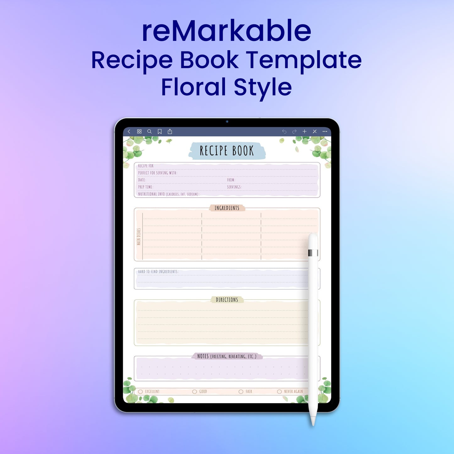 reMarkable 2 Recipe Book Template - Floral Style Planner Template