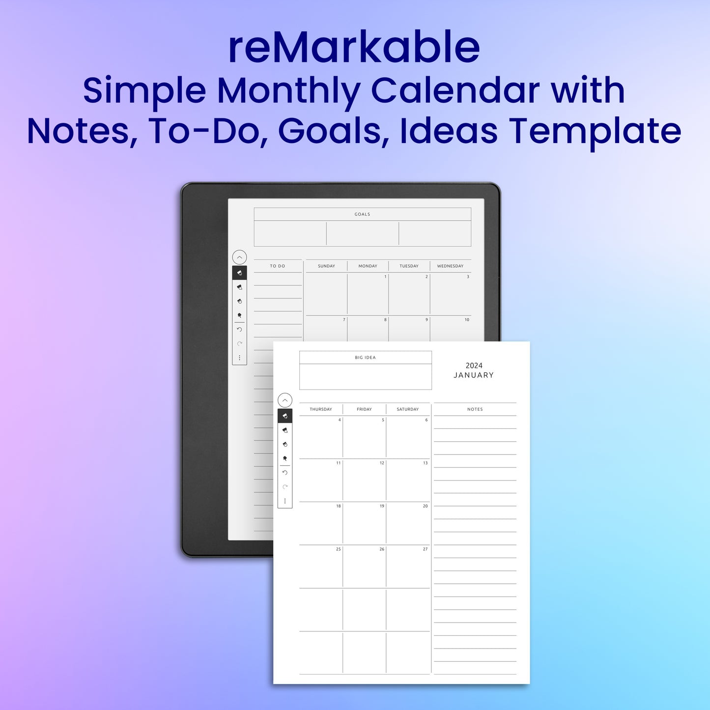 reMarkable 2 Simple Monthly Calendar with Notes, To-Do, Goals, Ideas Planner Template