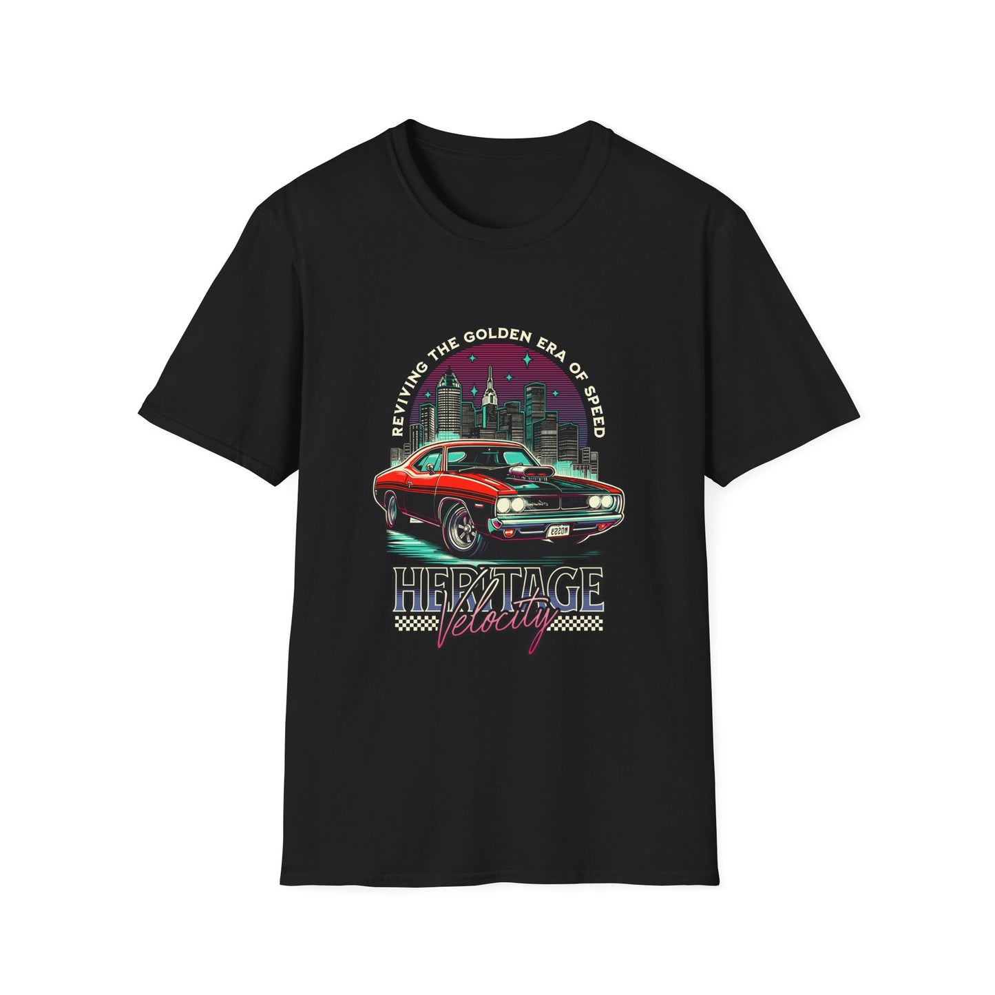 Heritage Velocity Unisex Softstyle T-Shirt - Retro Car Design for Classic Car Lovers - CreativeRino