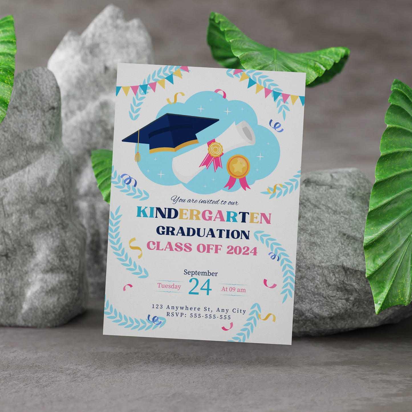 Kindergarten Graduation Moving Up Ceremony Invitation Template - CreativeRino