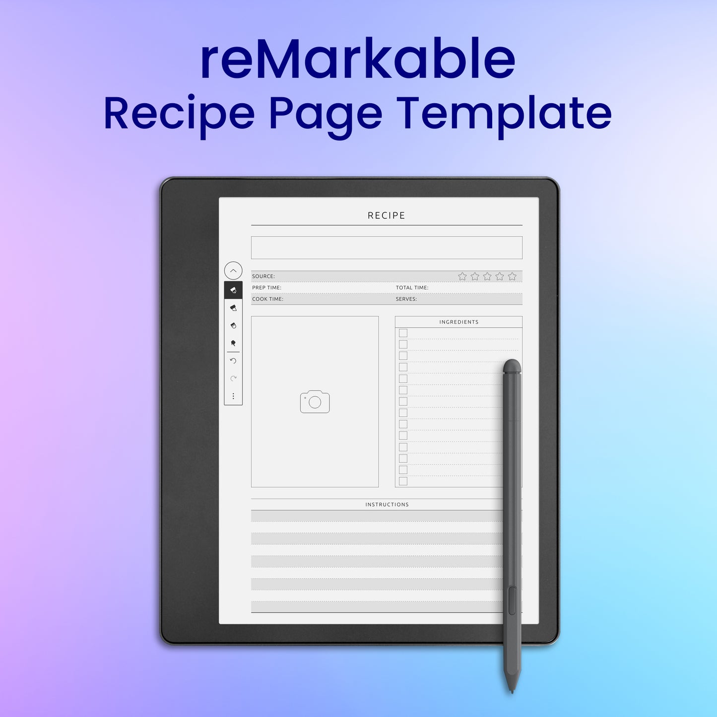 reMarkable 2 Recipe Page Template Planner Template