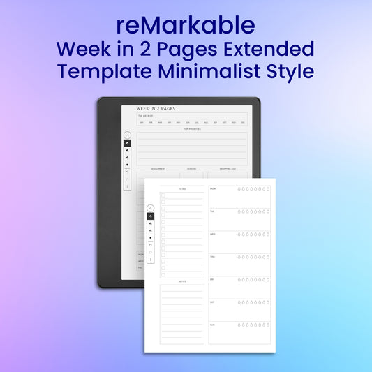 reMarkable 2 Week in 2 Pages Extended Template - Minimalist Style Planner Template