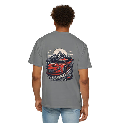 Adventure Awaits Unisex Garment-Dyed T-shirt - Red Sports Car Design - CreativeRino