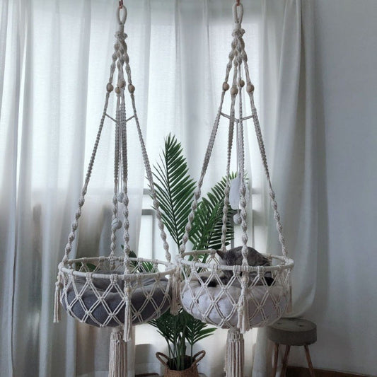 Handwoven Boho Macrame Hanging Cat Bed & Tapestry Swing Basket CreativeRino