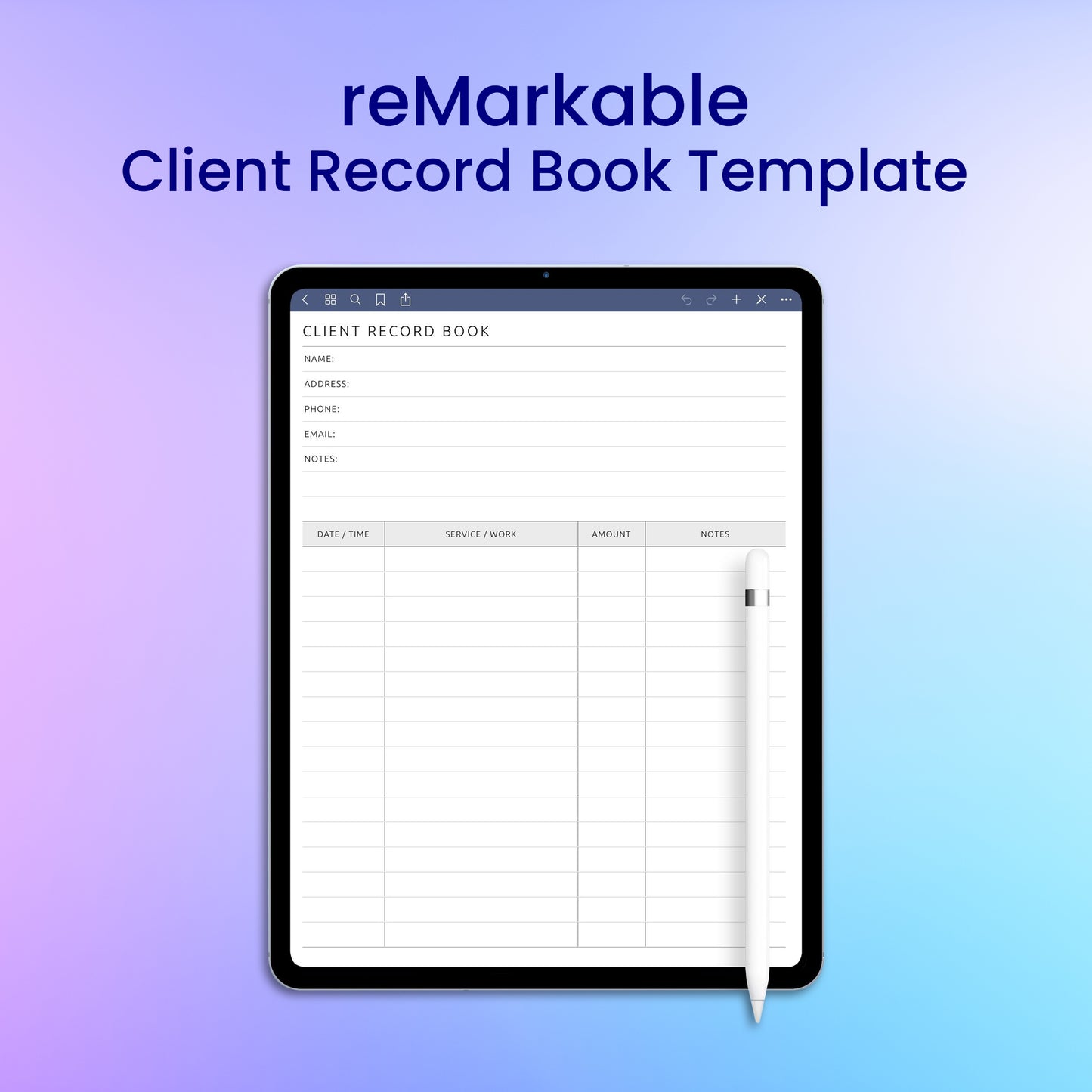 reMarkable 2 Client Record Book Template Planner Template