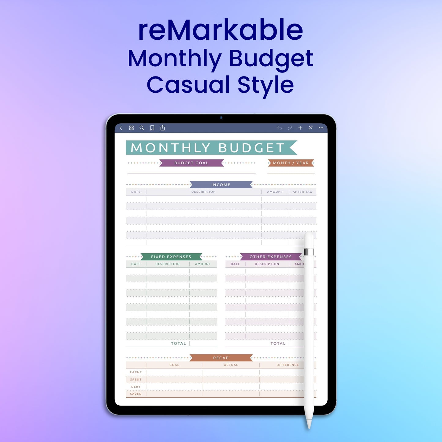 reMarkable 2 Monthly Budget - Casual Style Planner Template