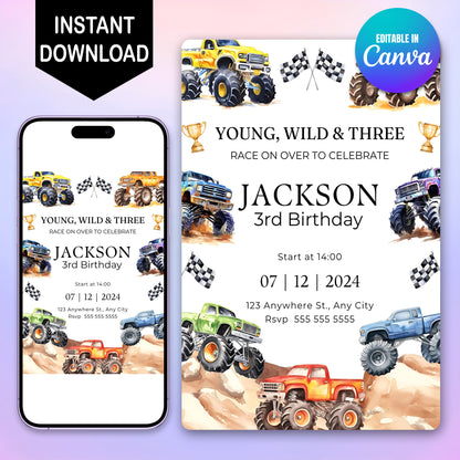 Monster Truck Birthday Invitation Template - CreativeRino