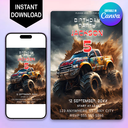 Monster Truck Birthday Invitation Template - CreativeRino
