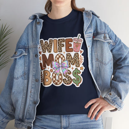 Wife Mom Boss Leopard Graphic Tee – Cute Mom Life Shirt with Bow & Coffee Printify