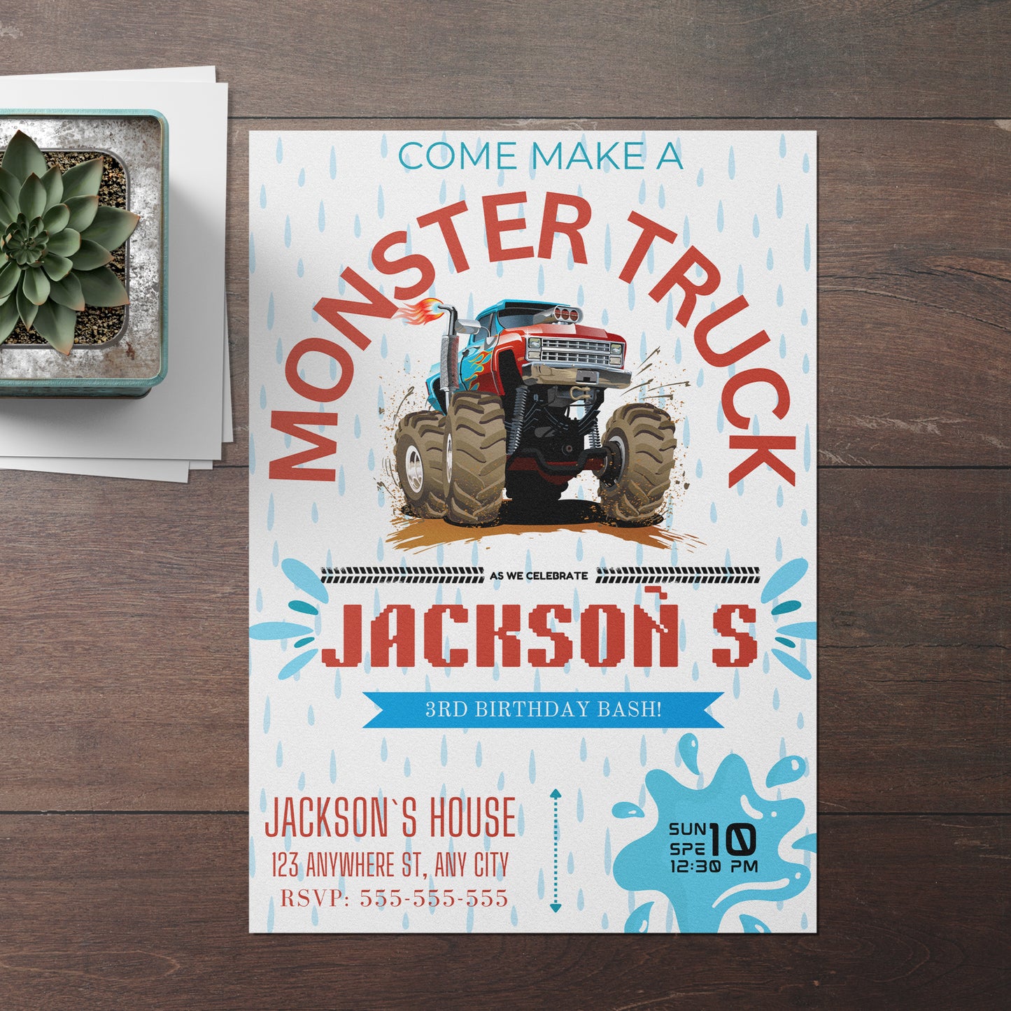 Monster Truck Splash Birthday Invitation Template