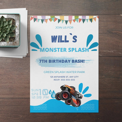 Monster Truck Splash Birthday Invitation Template CreativeRino