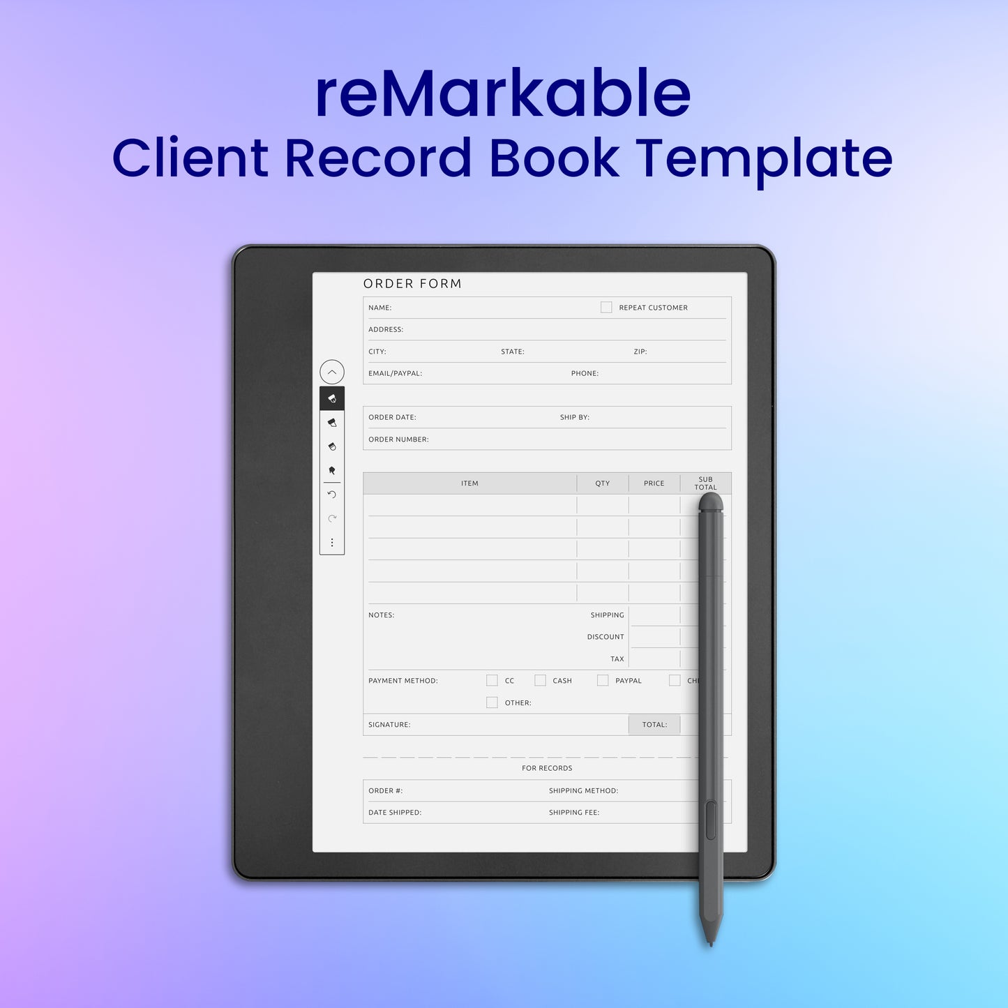 reMarkable 2 Order Form Template Planner Template