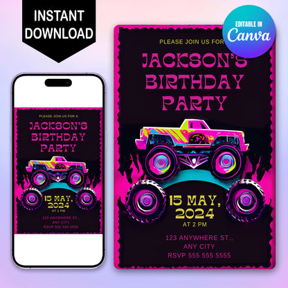 Monster Truck Birthday Invitation Template - CreativeRino