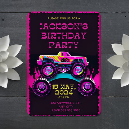 Monster Truck Birthday Invitation Template - CreativeRino