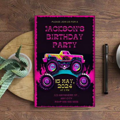 Monster Truck Birthday Invitation Template - CreativeRino