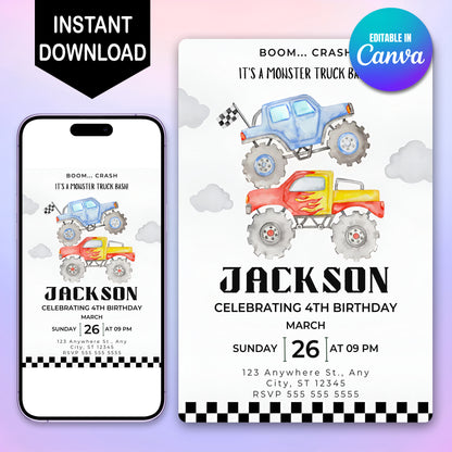 Monster Truck Birthday Invitation Template - CreativeRino