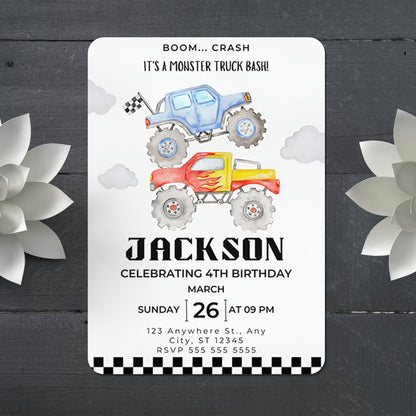 Monster Truck Birthday Invitation Template - CreativeRino