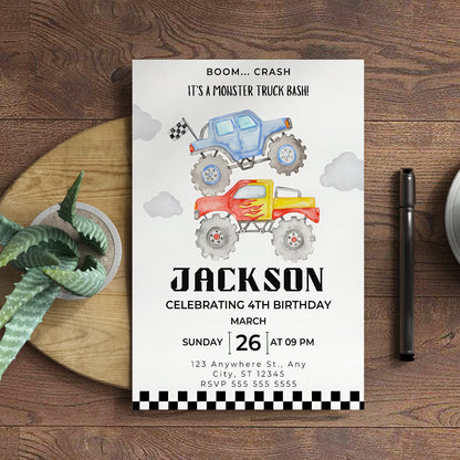 Monster Truck Birthday Invitation Template - CreativeRino