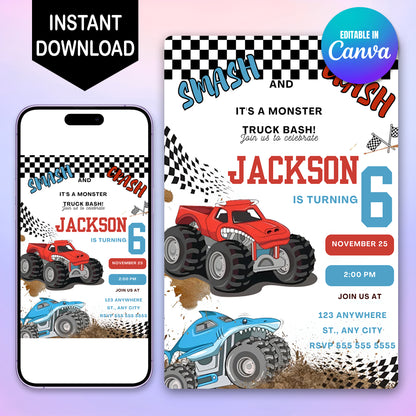 Monster Truck Birthday Invitation Template - CreativeRino