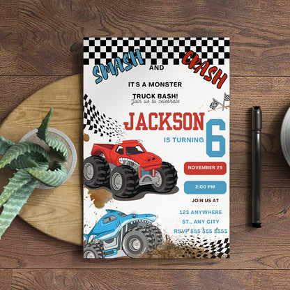 Monster Truck Birthday Invitation Template - CreativeRino