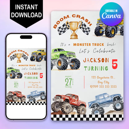 Monster Truck Birthday Invitation Template - CreativeRino