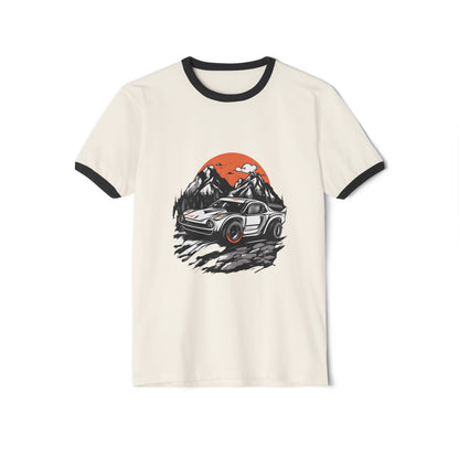 Vintage Car Adventure Unisex Cotton Ringer T-Shirt - Retro Mountain Graphic Tee - CreativeRino