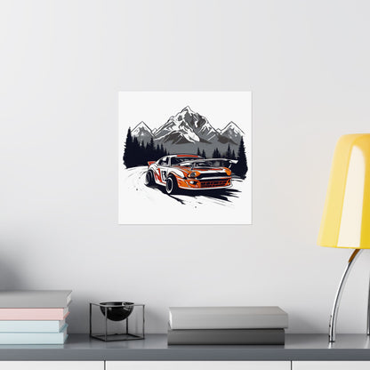 Racing Car Satin Poster - Mountain Adventure Art Print - CreativeRino