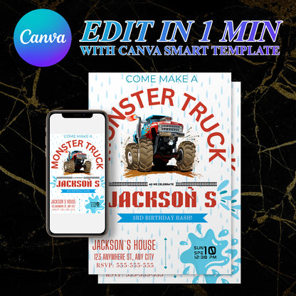 Monster Truck Splash Birthday Invitation Template - CreativeRino