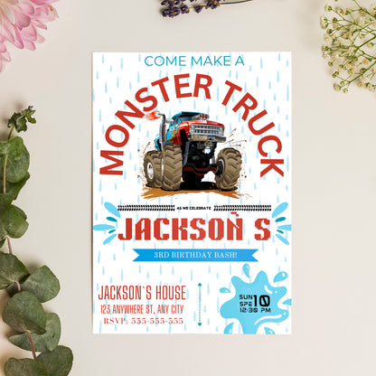 Monster Truck Splash Birthday Invitation Template - CreativeRino
