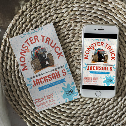 Monster Truck Splash Birthday Invitation Template - CreativeRino