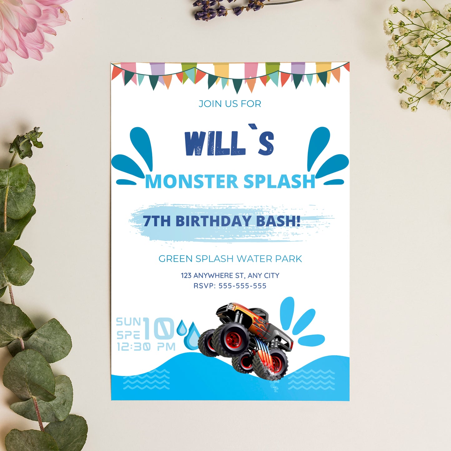 Monster Truck Splash Birthday Invitation Template - CreativeRino