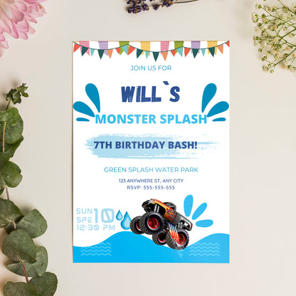 Monster Truck Splash Birthday Invitation Template - CreativeRino