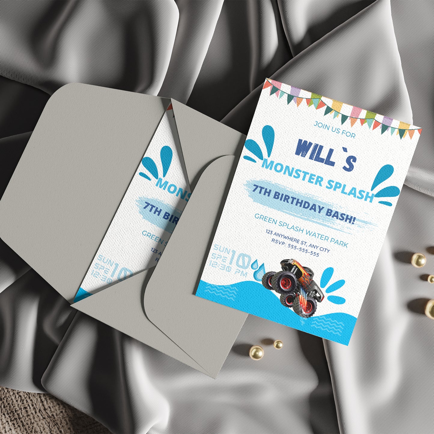 Monster Truck Splash Birthday Invitation Template - CreativeRino