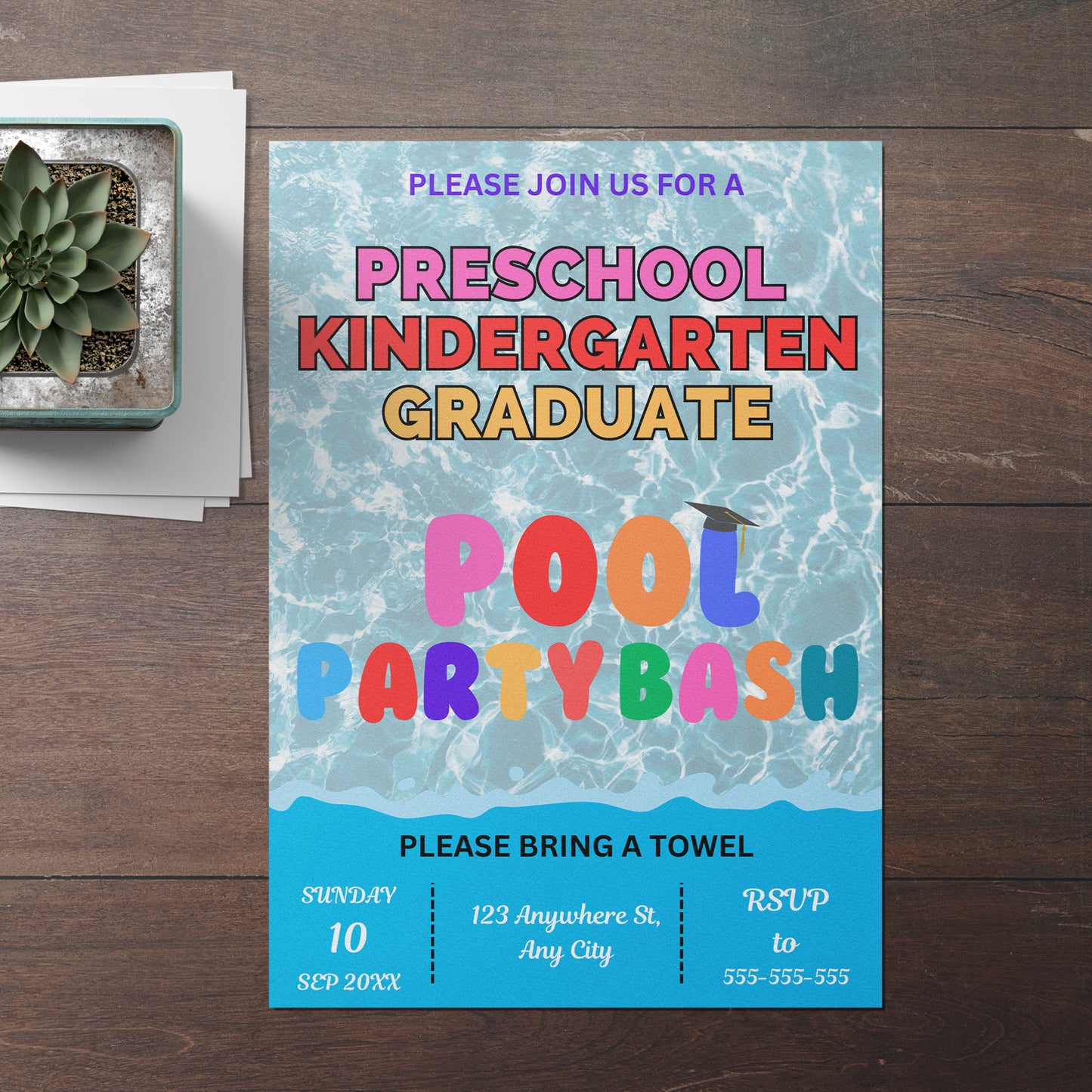 Preschool Kindergarten Graduation Pool Party Invitation Template