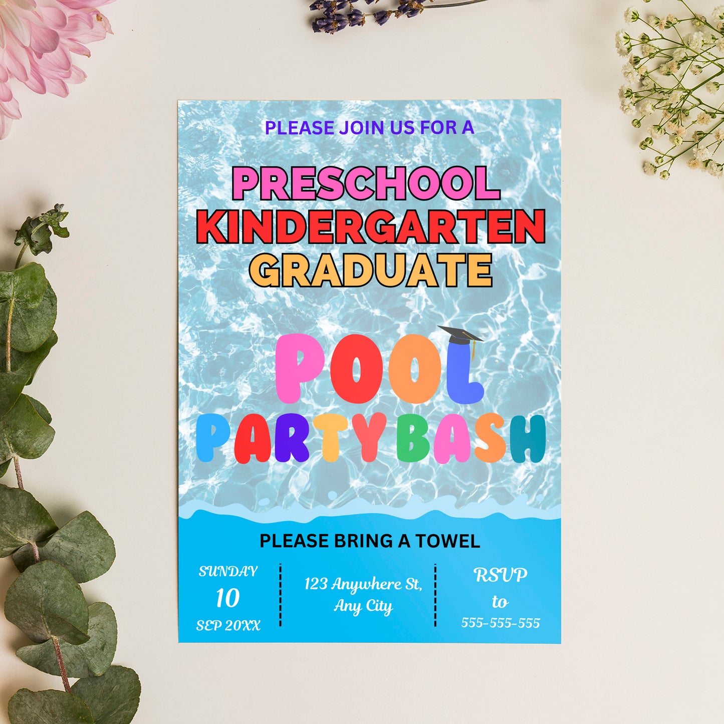 Preschool Kindergarten Graduation Pool Party Invitation Template