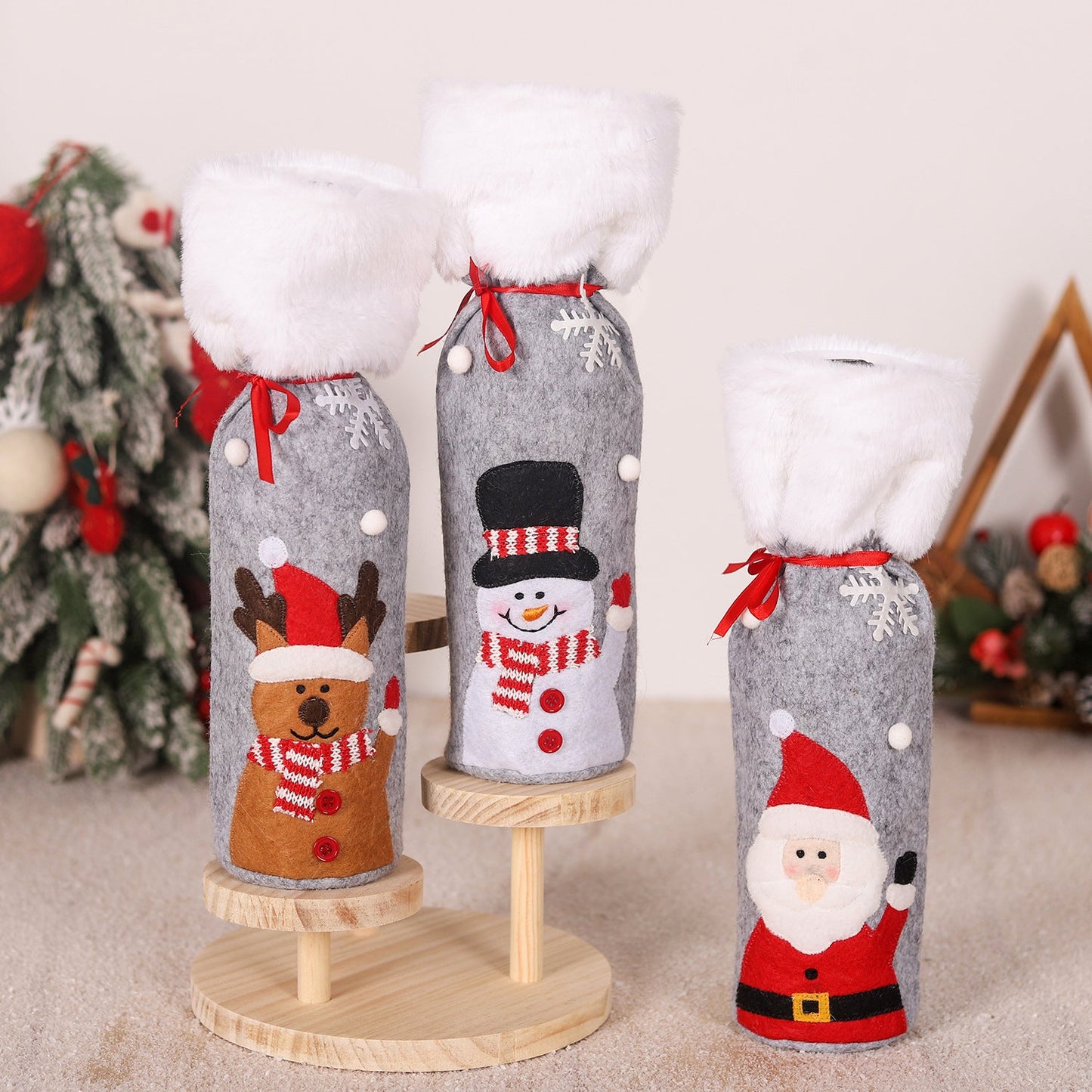 Festive Red Wine Bottle Covers Gift Set | Elderly, Snowman & Elk Household Decor eprolo